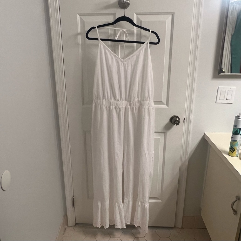 New! White Embroidered Halter Jumpsuit